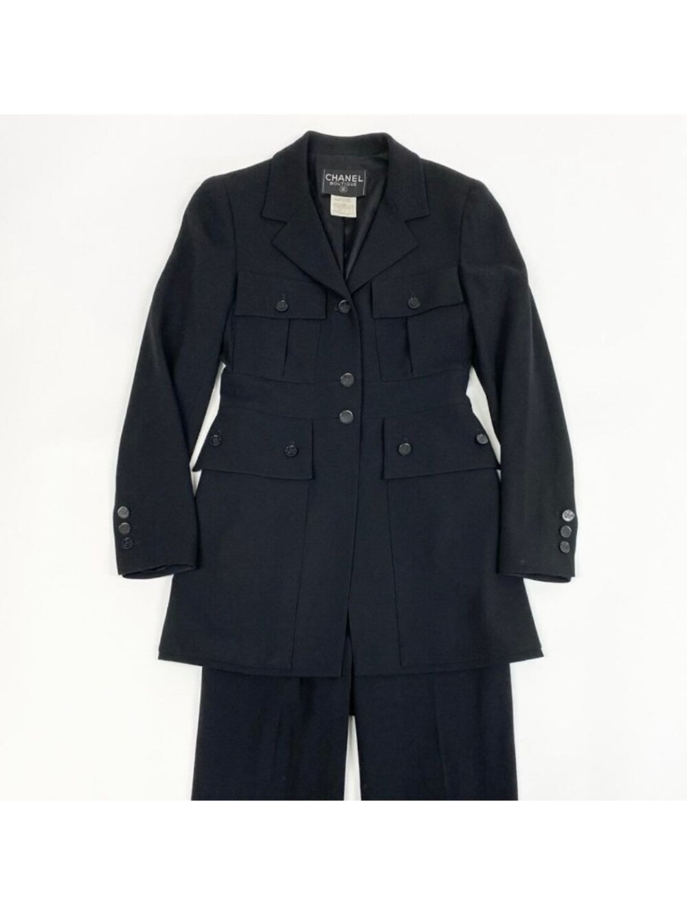 Chanel Vintage Style Up Jacket Pants Black Wool Lycra Set